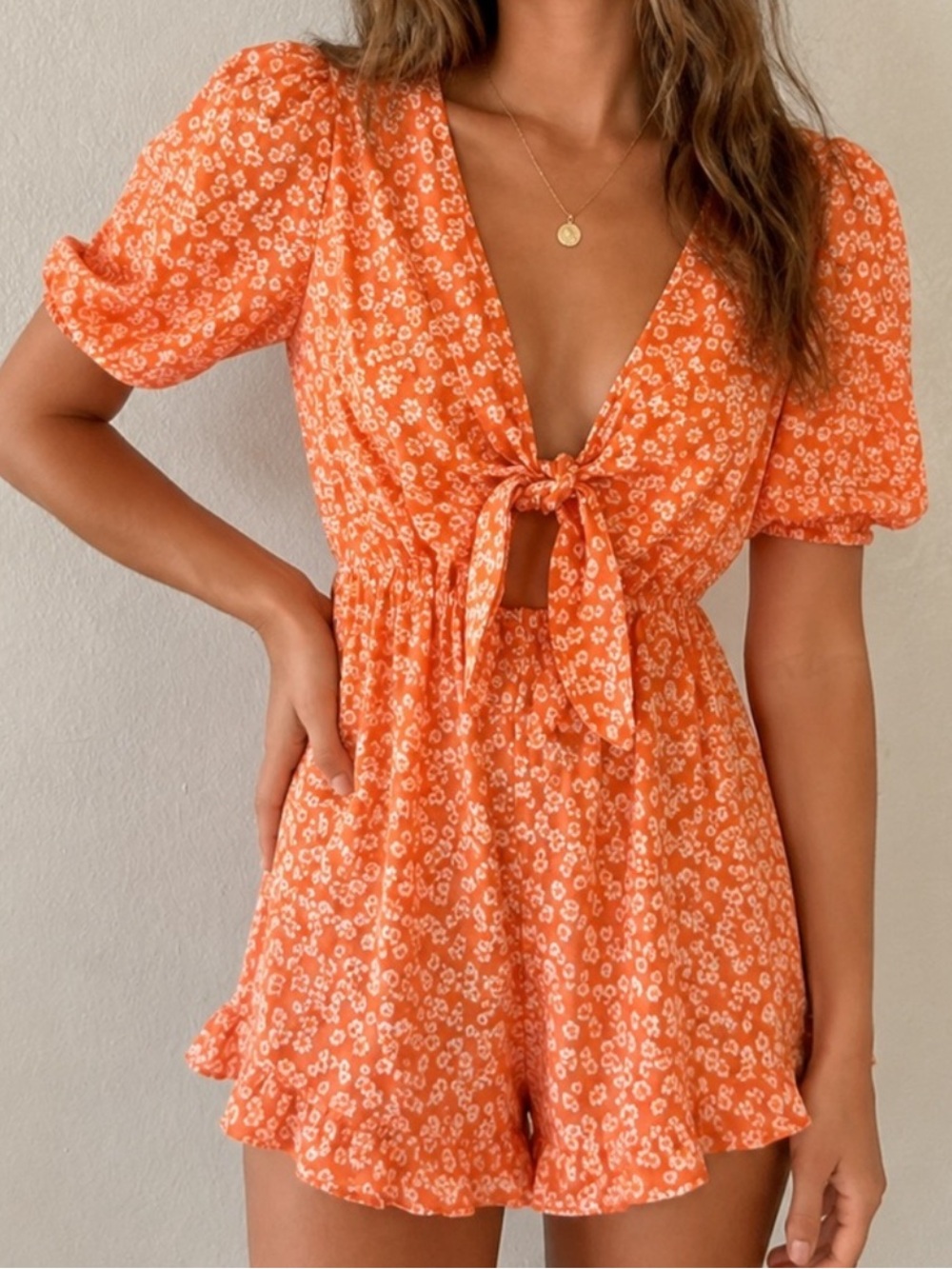 Urban Outfitters Orange Floral Tie-Front Romper